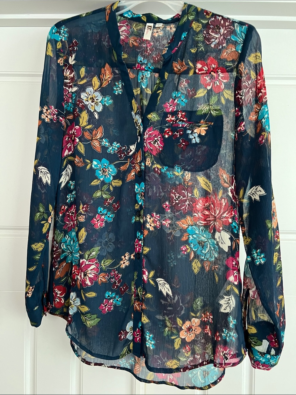 Kut from the Kloth Navy Sheer Floral Button-Up Blouse